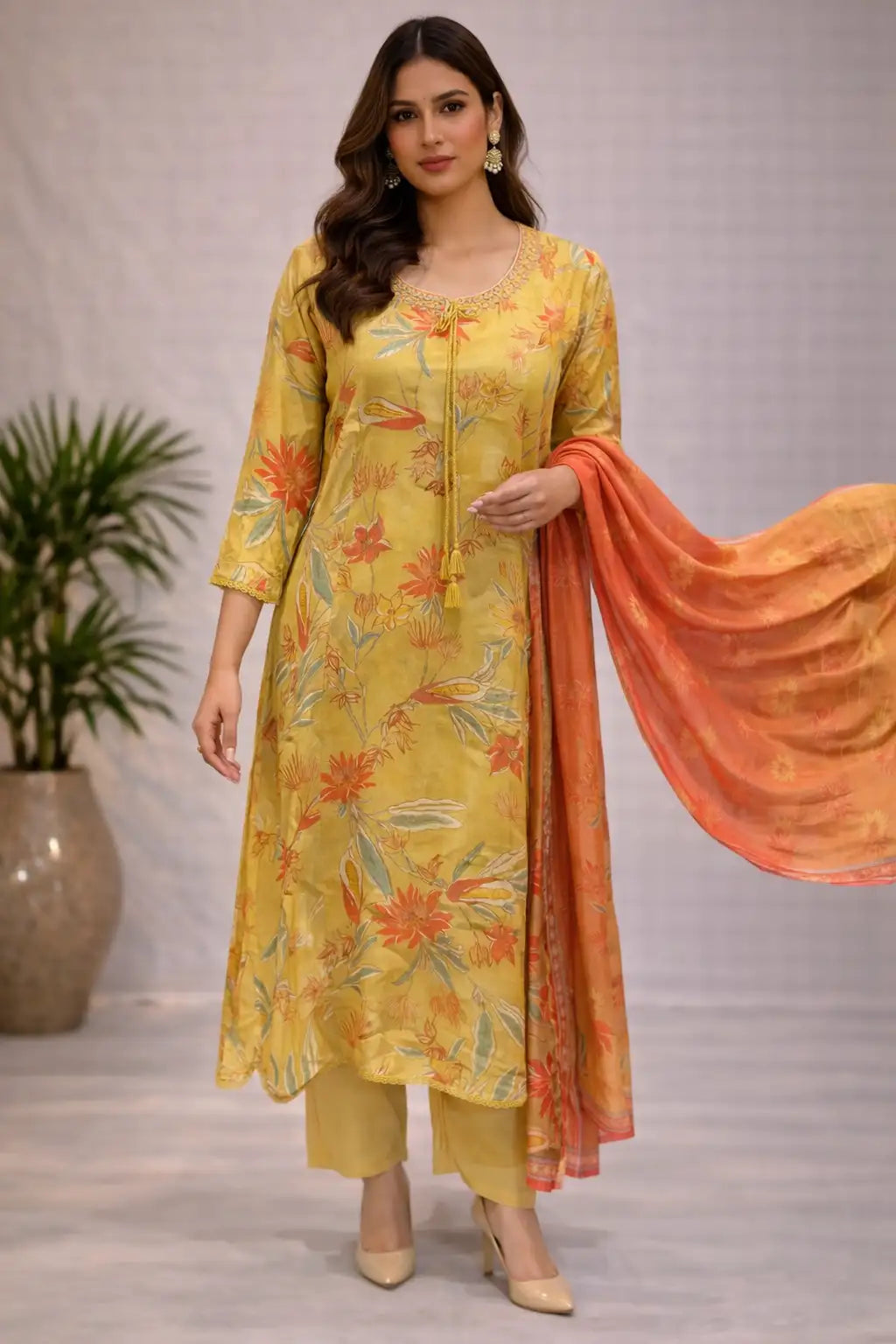 Yellow Floral Printed Kurta Set with Dupatta